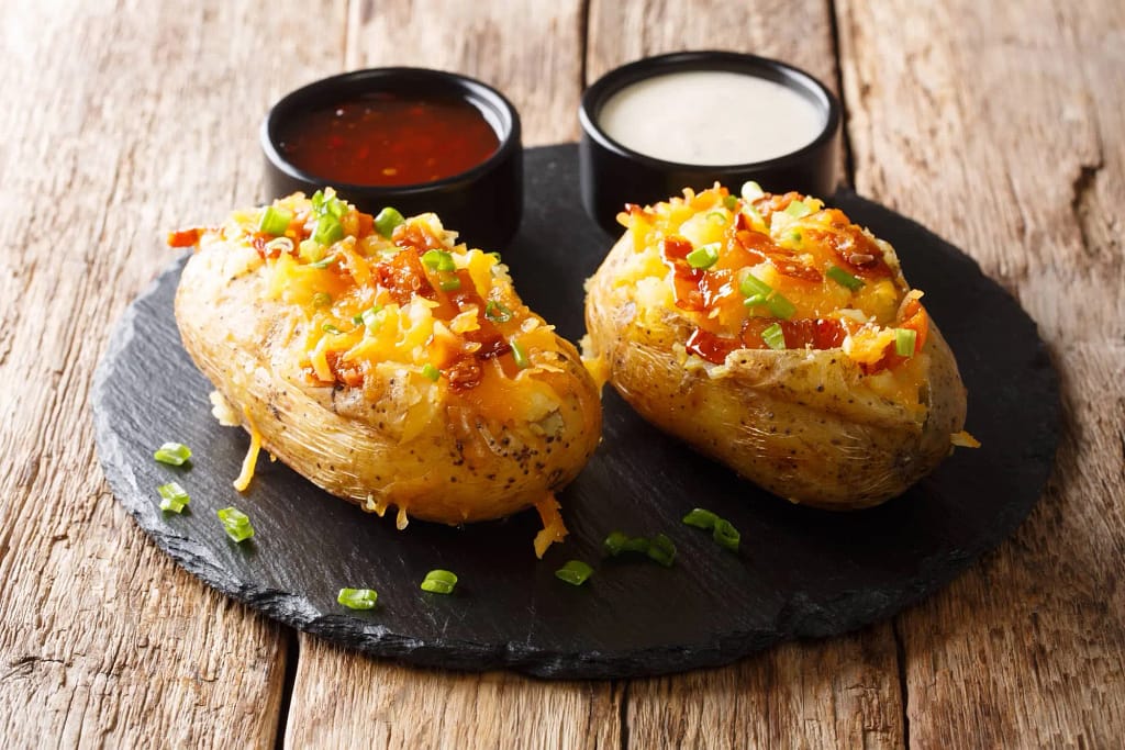 2 baked potatoes with dressings
